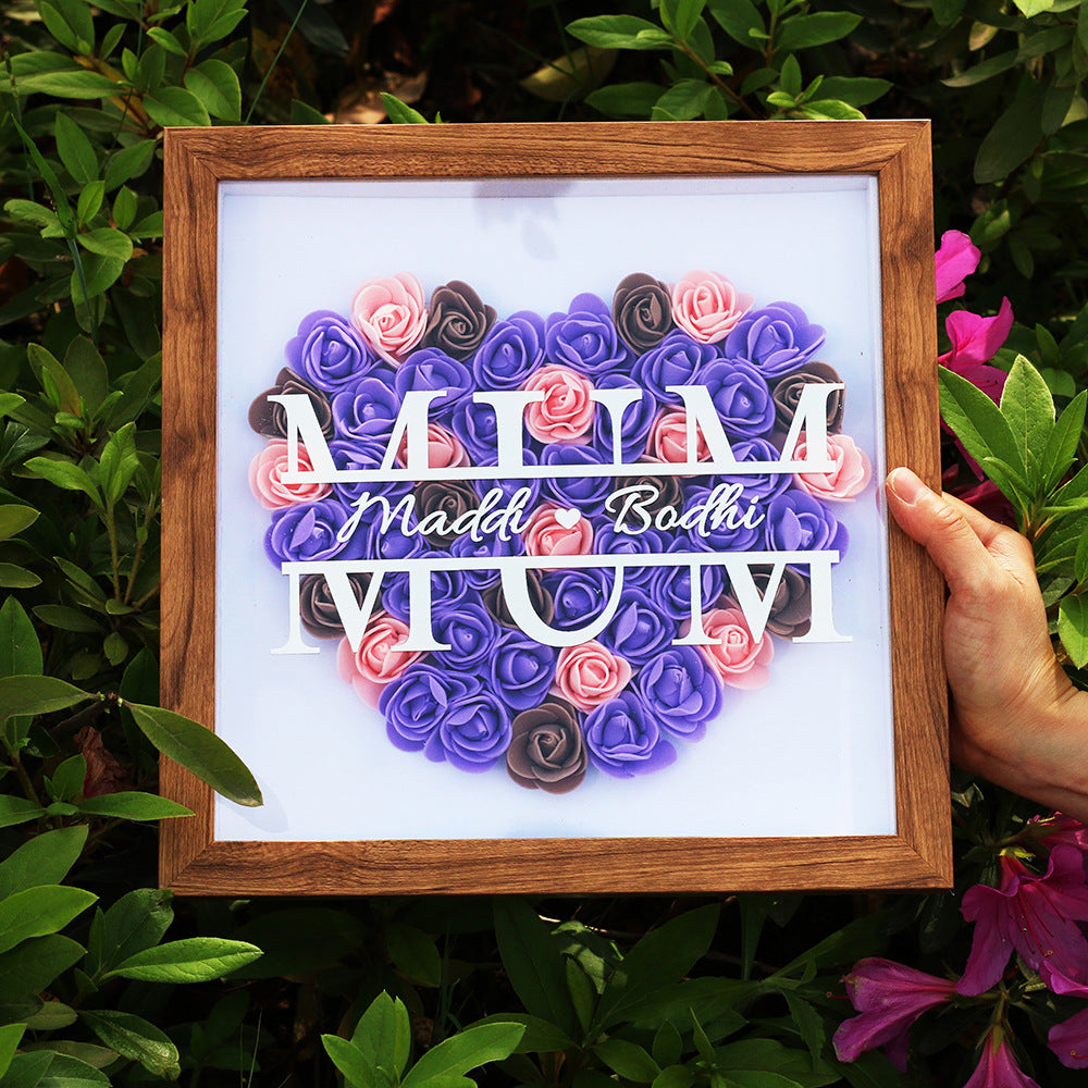 Personalized Flower Heart Shadow Box for Mom, Custom Rose Shadowbox, Rose Frame Gift for Mom, Grandma Nana, Gift for Wife (Black frame) (HFB)