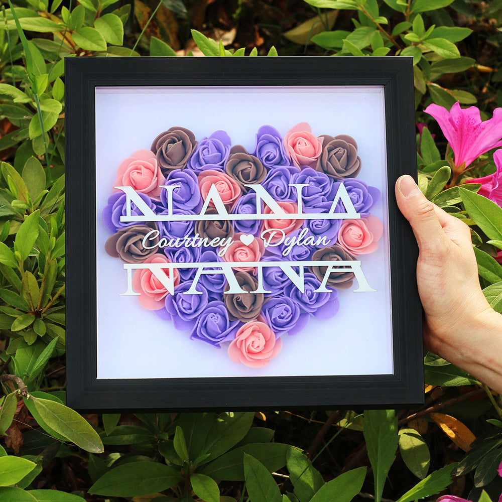 Personalized Flower Heart Shadow Box for Mom, Custom Rose Shadowbox, Rose Frame Gift for Mom, Grandma Nana, Gift for Wife (Black frame) (HFB)